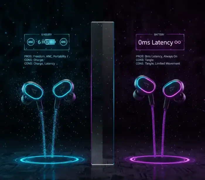 Close-up of wireless gaming earbuds highlighting low latency and long battery life features, ideal for mobile gamers seeking high-performance audio accessories.