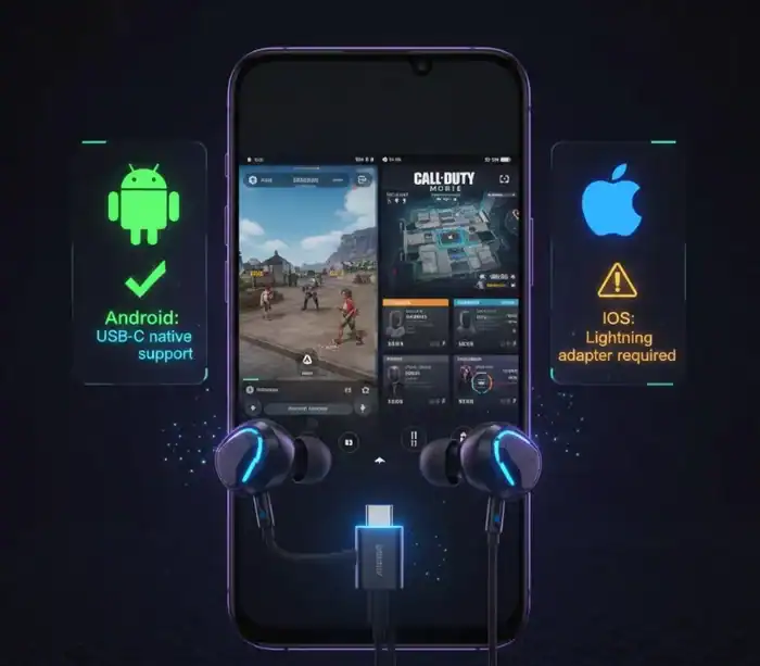 Wireless gaming earbuds compatible with Android and iOS devices, featuring USB-C charging support and lightning adapter requirement for iOS. Perfect for mobile gamers seeking high-quality sound.