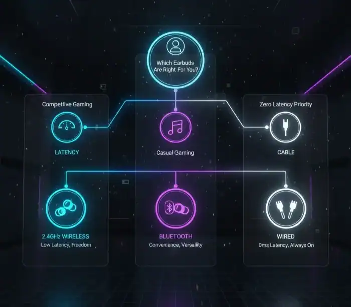 Illustration comparing wireless and wired gaming earbuds highlighting features like latency, Bluetooth, and zero latency priority for mobile gaming.