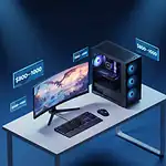 High-performance gaming PC setup with dual monitors, RGB lighting, and gaming peripherals, ideal for budget-conscious gamers aiming for quality and performance.