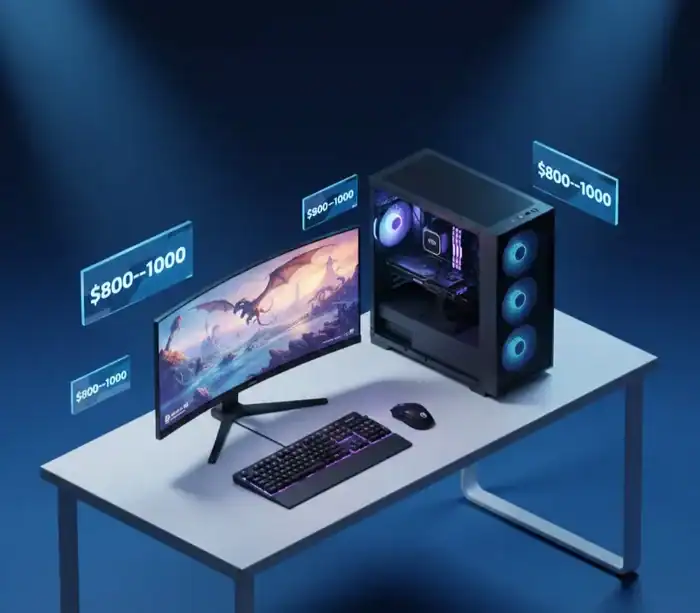 High-performance gaming PC setup with dual monitors, RGB lighting, and gaming peripherals, ideal for budget-conscious gamers aiming for quality and performance.