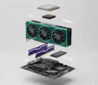 Exploded view of essential gaming PC parts including CPU, GPU, RAM, SSD, and motherboard for budget gaming build.