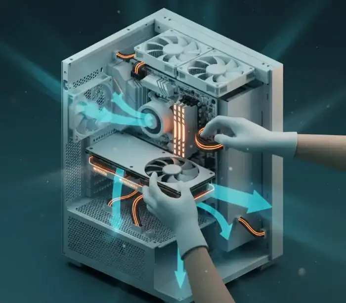 Efficient airflow cooling system for budget gaming PC build, featuring high-performance components and strategic cable management to ensure optimal performance within an $800-$1000 setup.